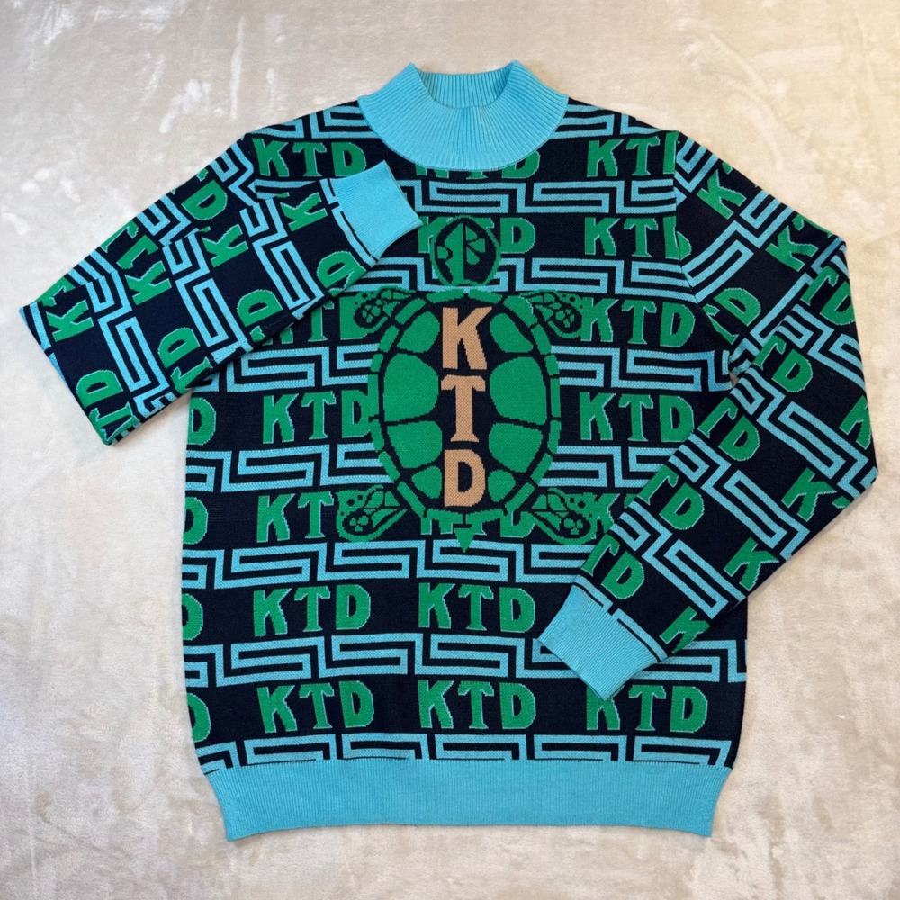 Kentucky Turtle Derby KTD Knit Sweater Blue Green Greek Key Mock Neck Mens M